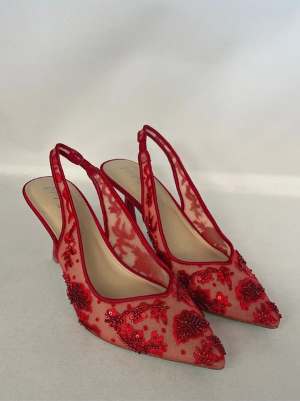 Betsey Johnson Nikki Red Beaded Lace Pointed Slingback Heels 7.5